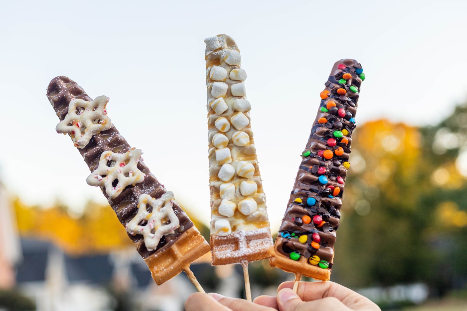 North Pole Pretzel, Snowy Wonderland and Chocolate Avalanche waffle wands held up outdoors